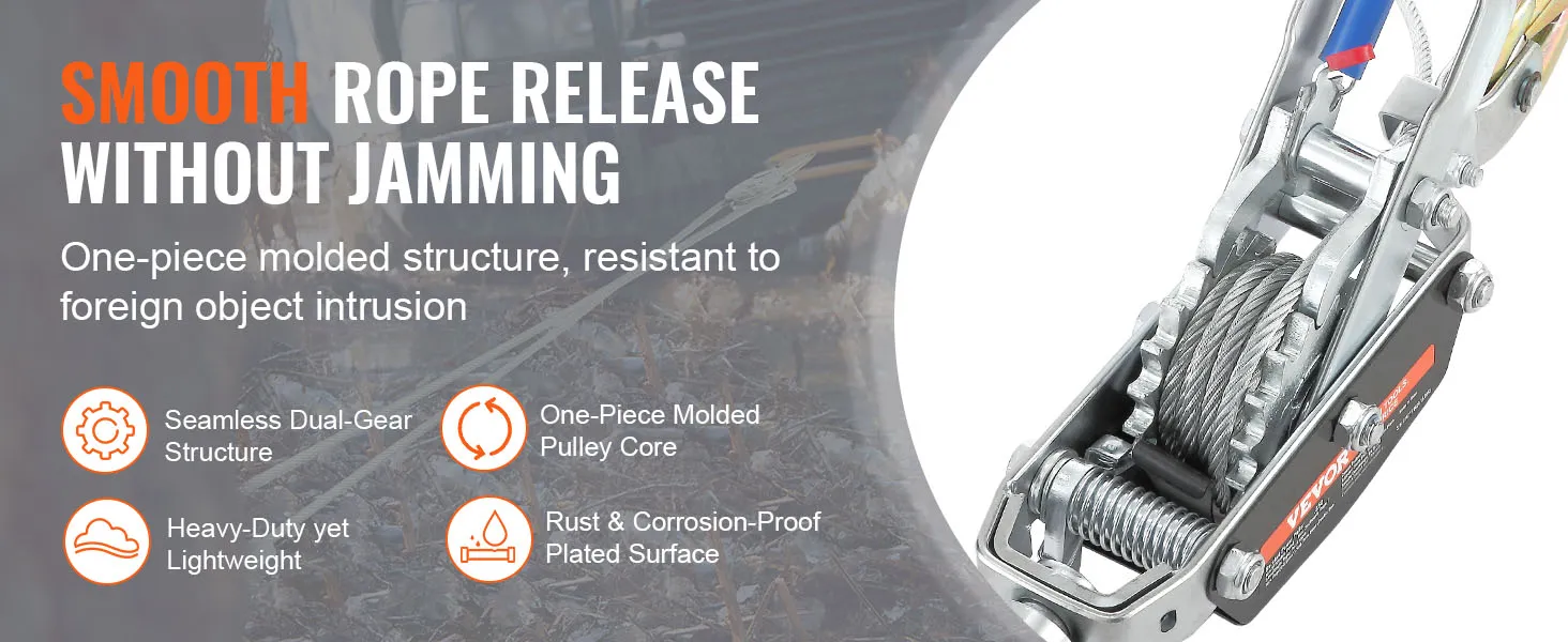 VEVOR come along winch showcasing smooth rope release, dual-gear structure, and rust-proof surface.