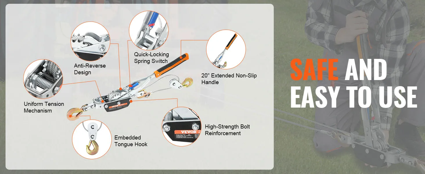 VEVOR come along winch with 20" handle, anti-reverse design, spring switch, and embedded tongue hook.