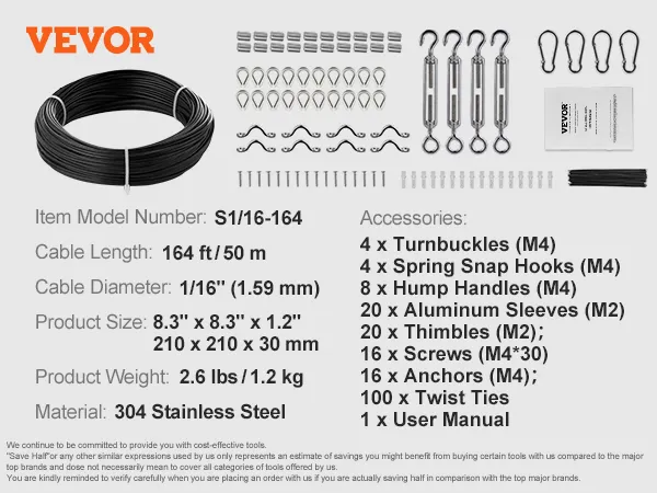 VEVOR vinyl coated wire rope kit, 1/16" diameter, 164 ft length, includes turnbuckles, snap hooks, handles.