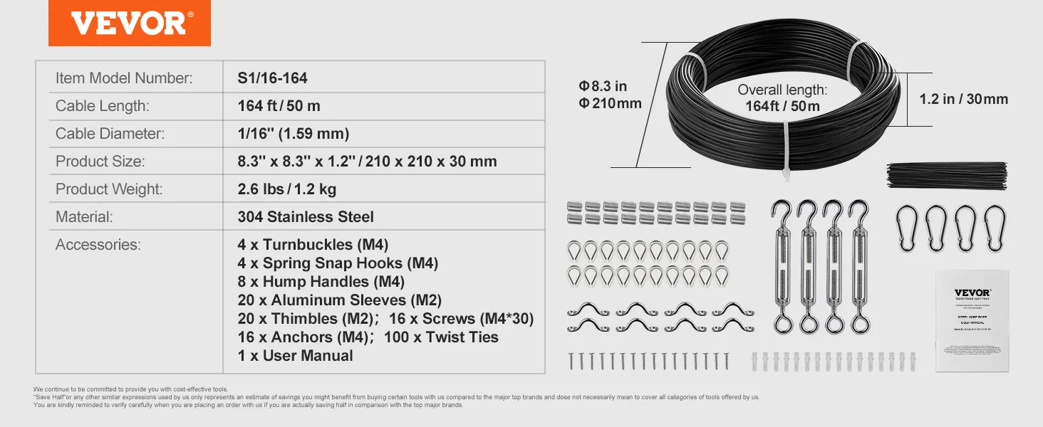 VEVOR vinyl coated wire rope kit, 1/16" diameter, 164 ft length, includes turnbuckles, snap hooks, handles.