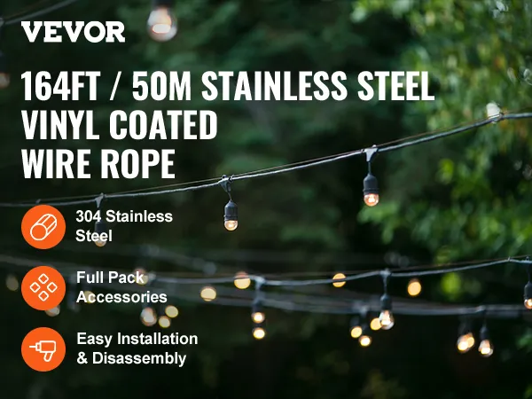VEVOR 164ft stainless steel vinyl coated wire rope with lights hanging in a garden.