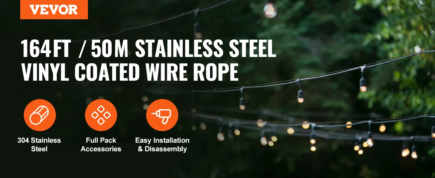 VEVOR 164ft stainless steel vinyl coated wire rope with lights hanging in a garden.