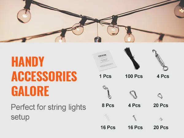 VEVOR vinyl coated wire rope kit: perfect for string lights setup, includes various accessories.