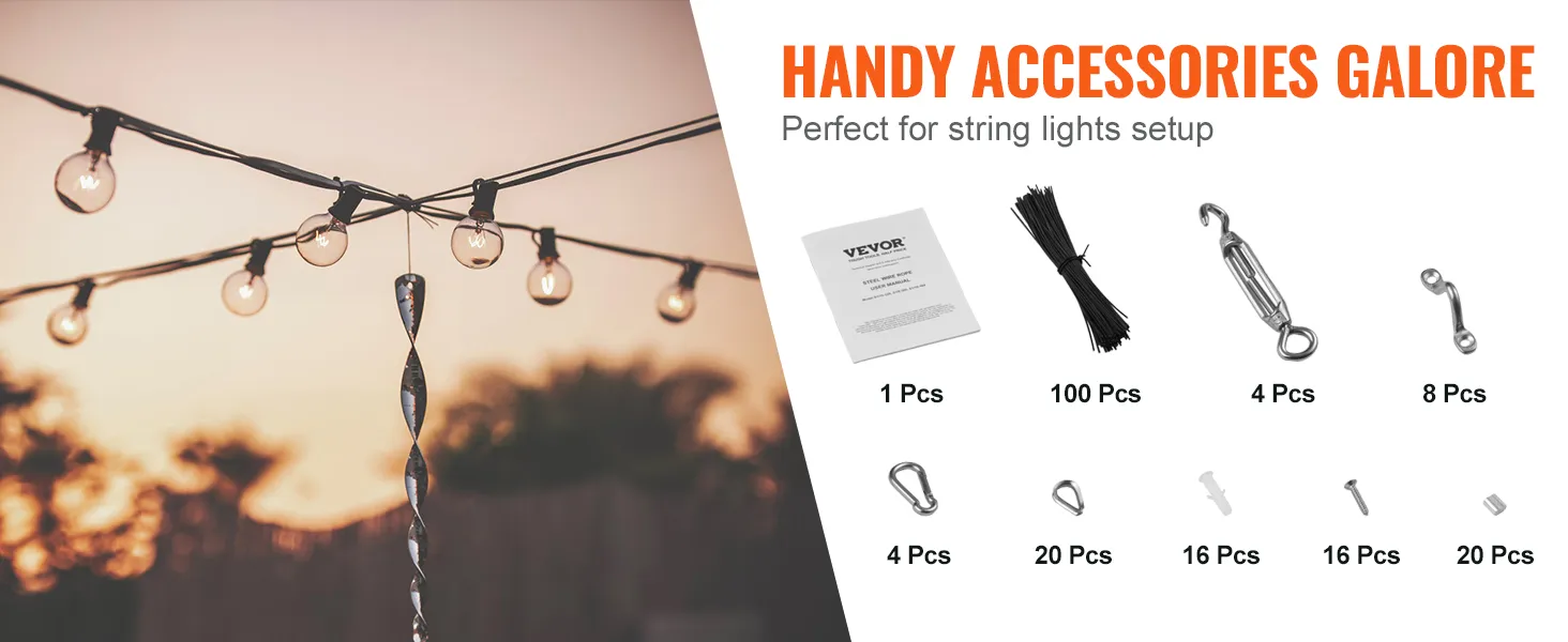 VEVOR vinyl coated wire rope kit: perfect for string lights setup, includes various accessories.