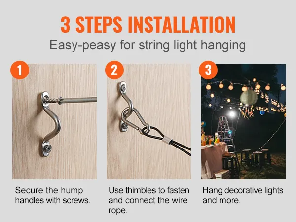 3 steps installation of VEVOR vinyl coated wire rope kit for string light hanging.