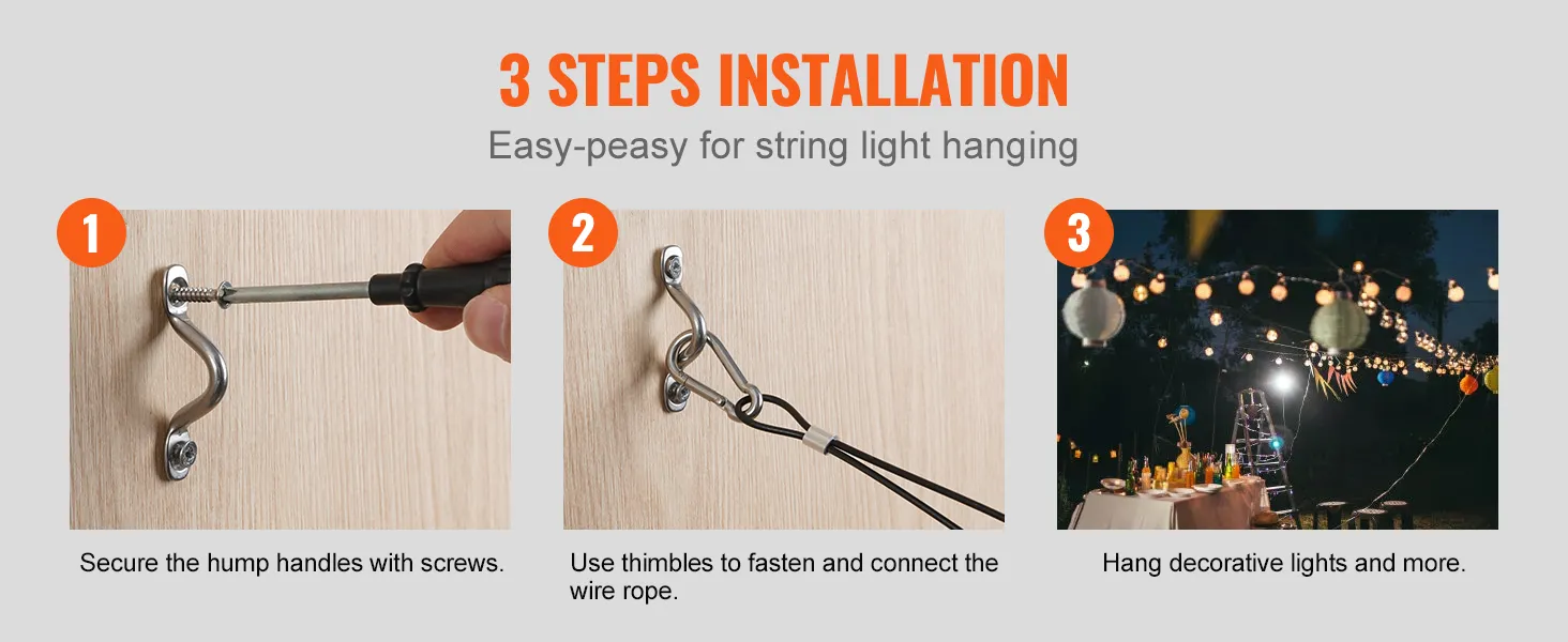 3 steps installation of VEVOR vinyl coated wire rope kit for string light hanging.