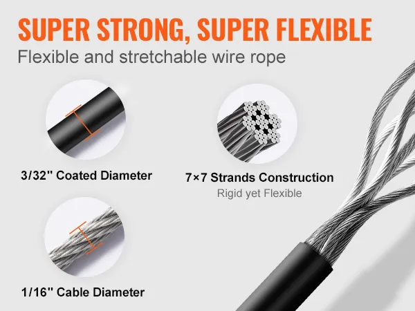 VEVOR vinyl coated wire rope kit with 3/32" coated diameter, 1/16" cable diameter, 7x7 strands.