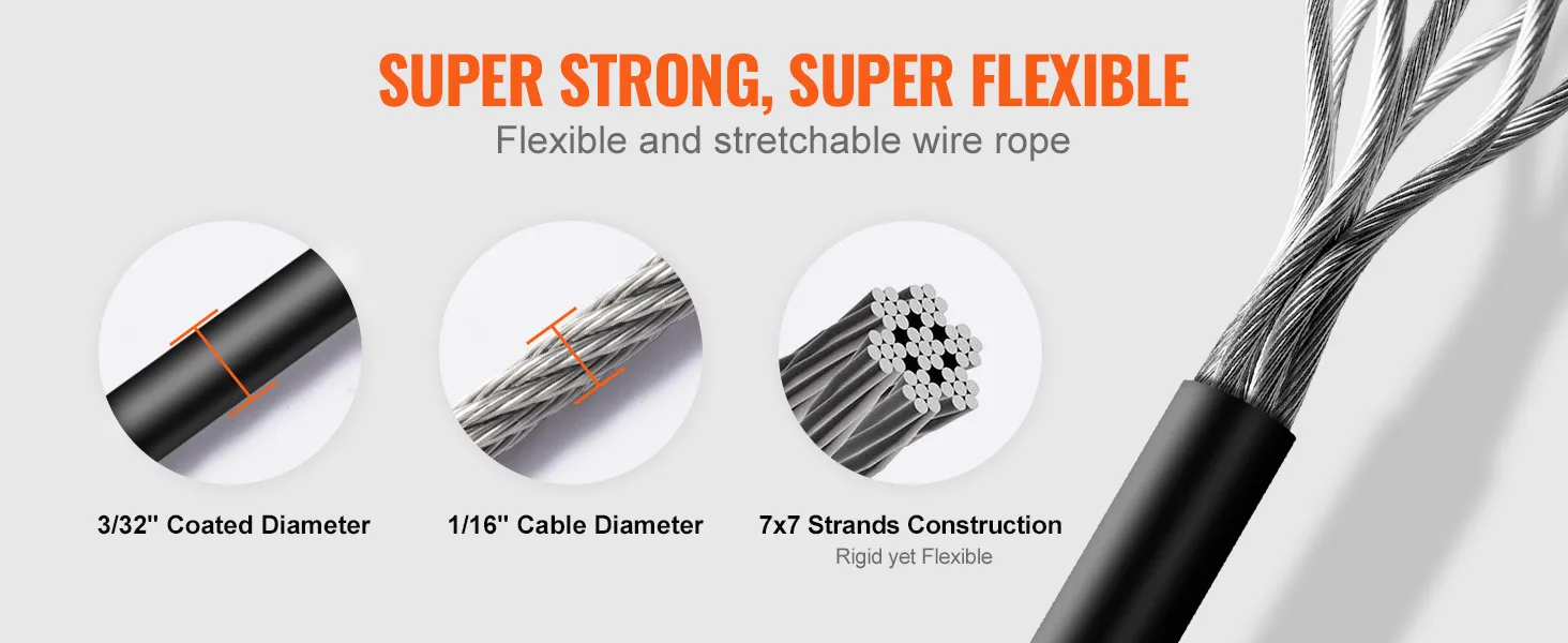 VEVOR vinyl coated wire rope kit with 3/32" coated diameter, 1/16" cable diameter, 7x7 strands.