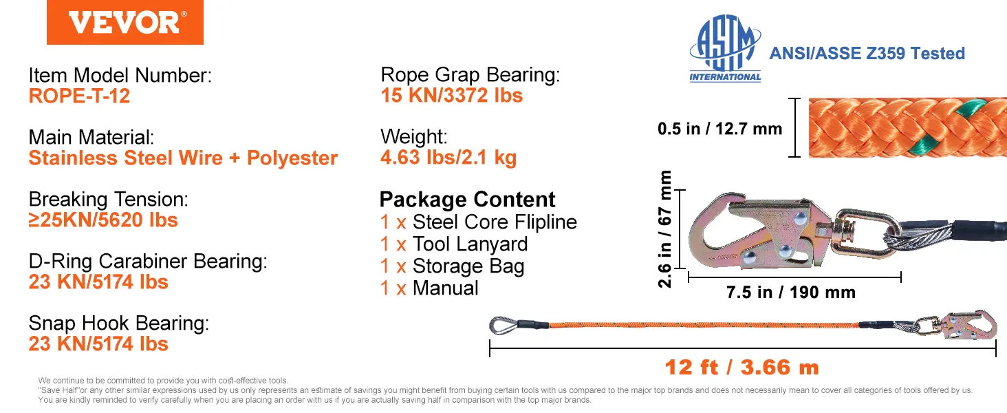 VEVOR arborist flipline, model rope-t-12, stainless steel wire + polyester, breaking tension ≥25kn/5620 lbs.
