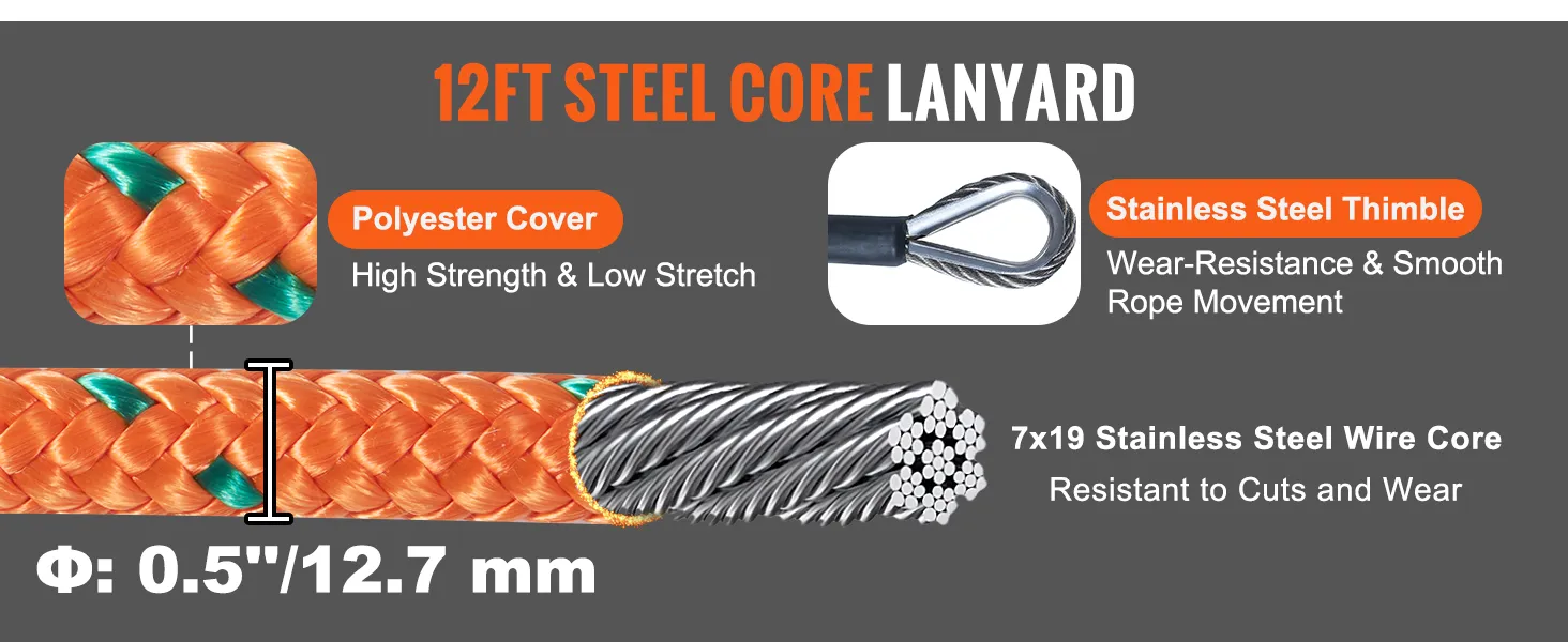 12ft steel core lanyard with polyester cover, stainless steel thimble, and 7x19 stainless steel wire core.