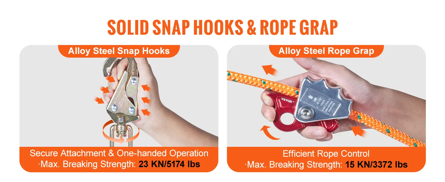 VEVOR arborist flipline with alloy steel snap hooks and rope grap, max strength 23 kn/5174 lbs.