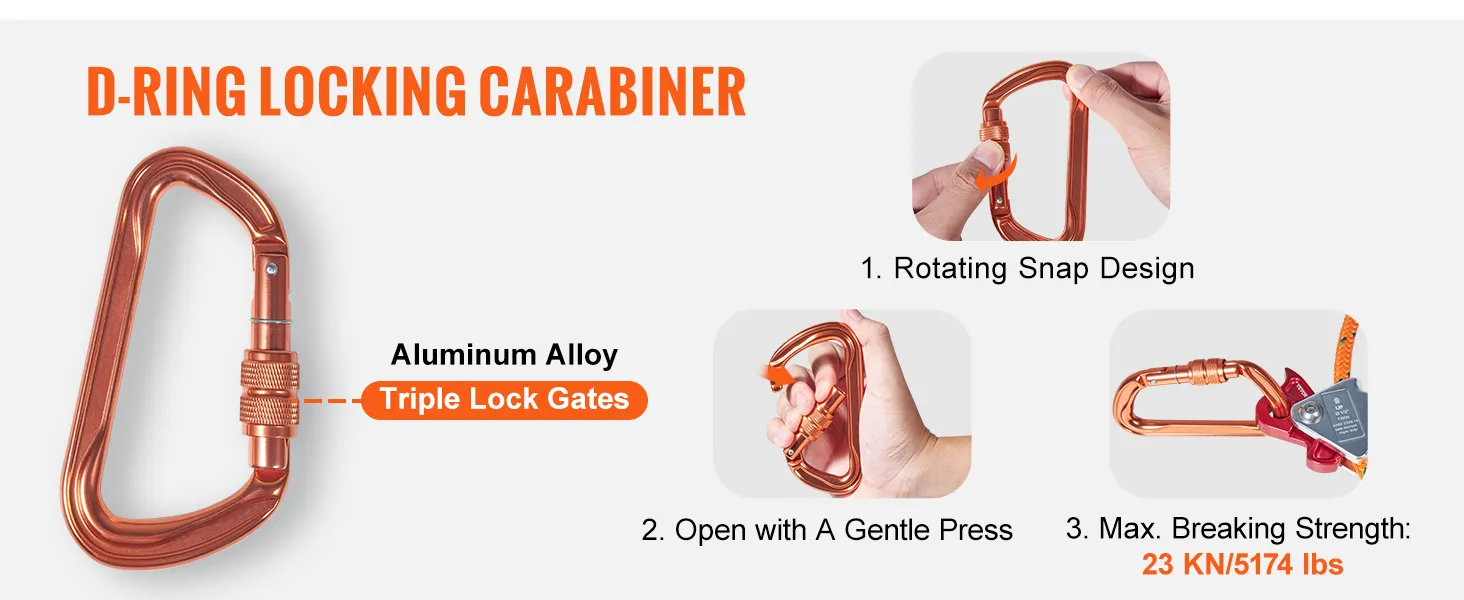 d-ring locking carabiner with aluminum alloy, triple lock gates, for VEVOR arborist flipline.