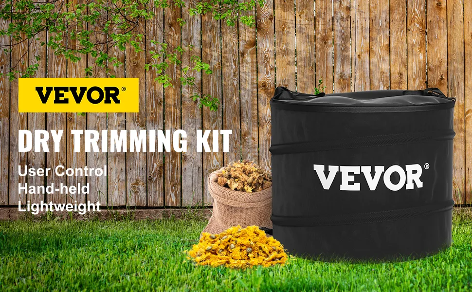 VEVOR dry trimmer kit in a garden with a wooden fence, burlap sack, and trimmed flowers on grass.