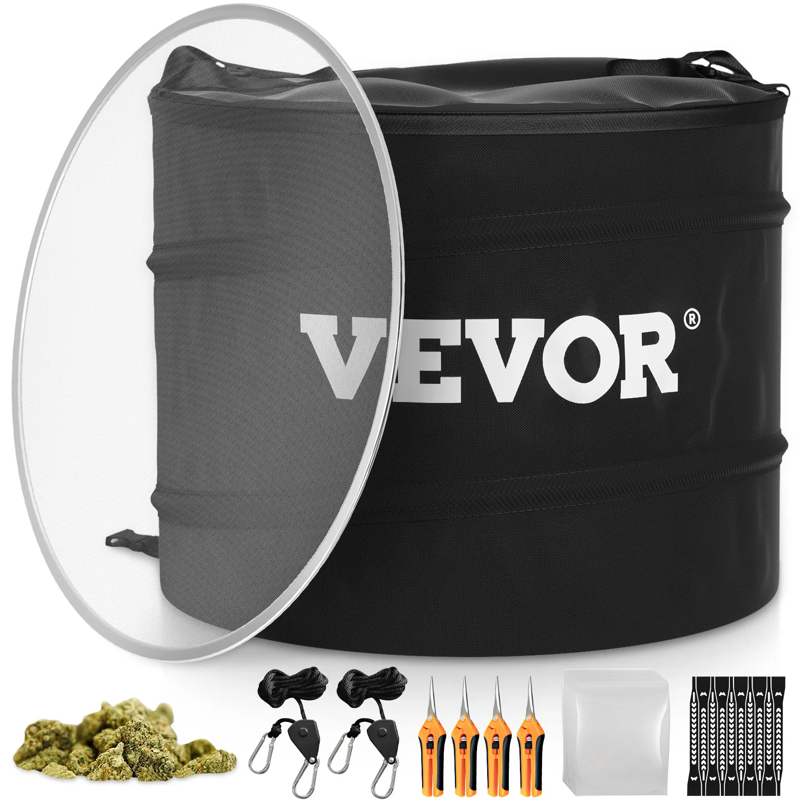 VEVOR dry trimmer kit with black cylinder, trimmers, cords, box, and small green buds.