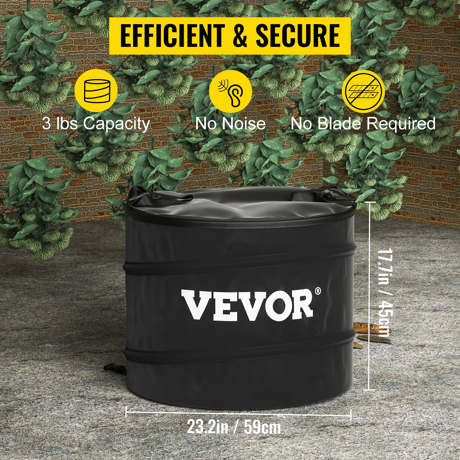 VEVOR dry trimmer kit showcased outdoors, highlighting 3 lbs capacity, no noise, and no blade required.