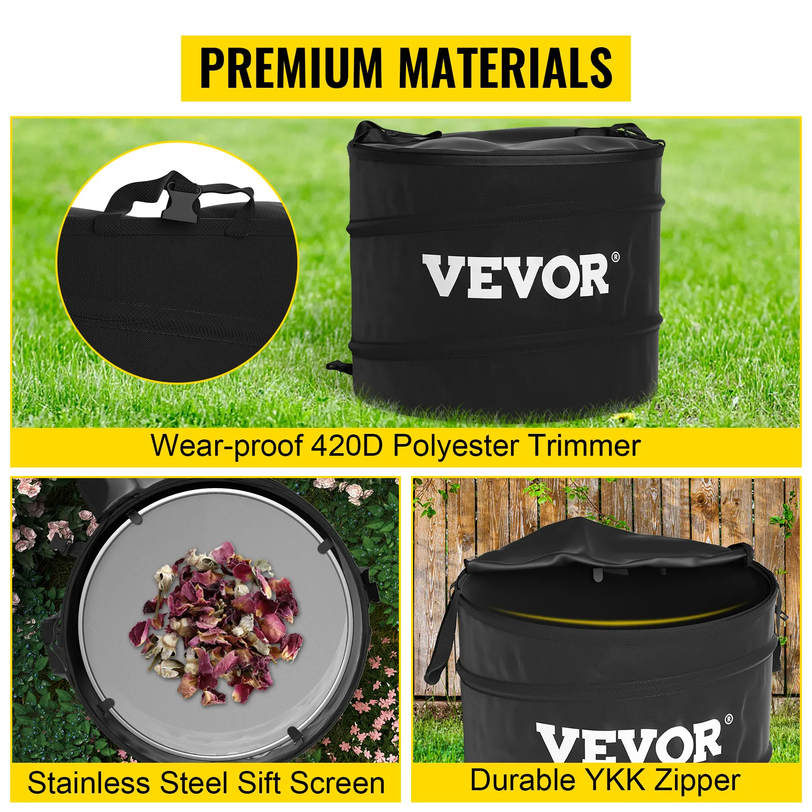 VEVOR dry trimmer kit with wear-proof 420d polyester, stainless steel sift screen, and ykk zipper.