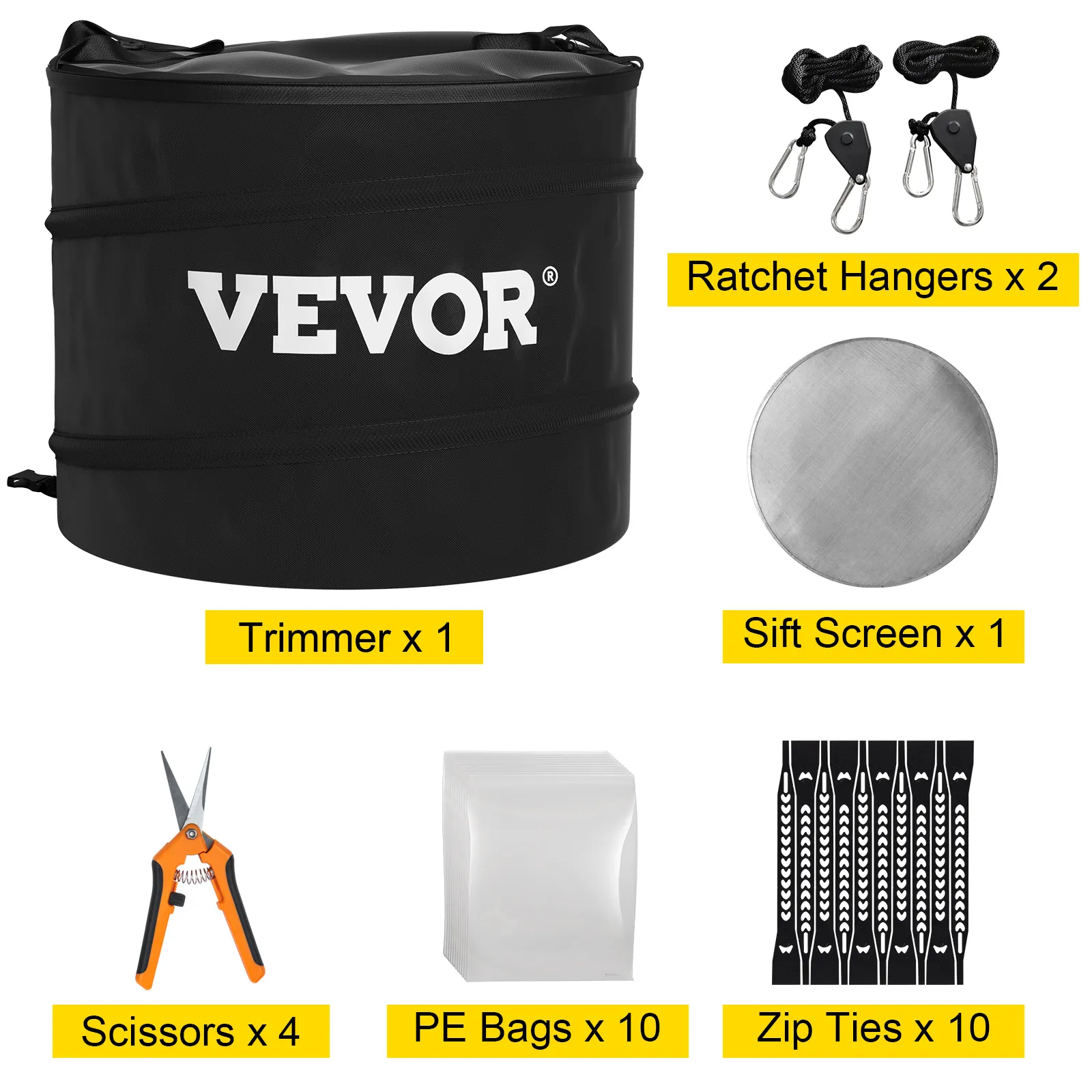 VEVOR dry trimmer kit includes trimmer, ratchet hangers, sift screen, scissors, pe bags, and zip ties.