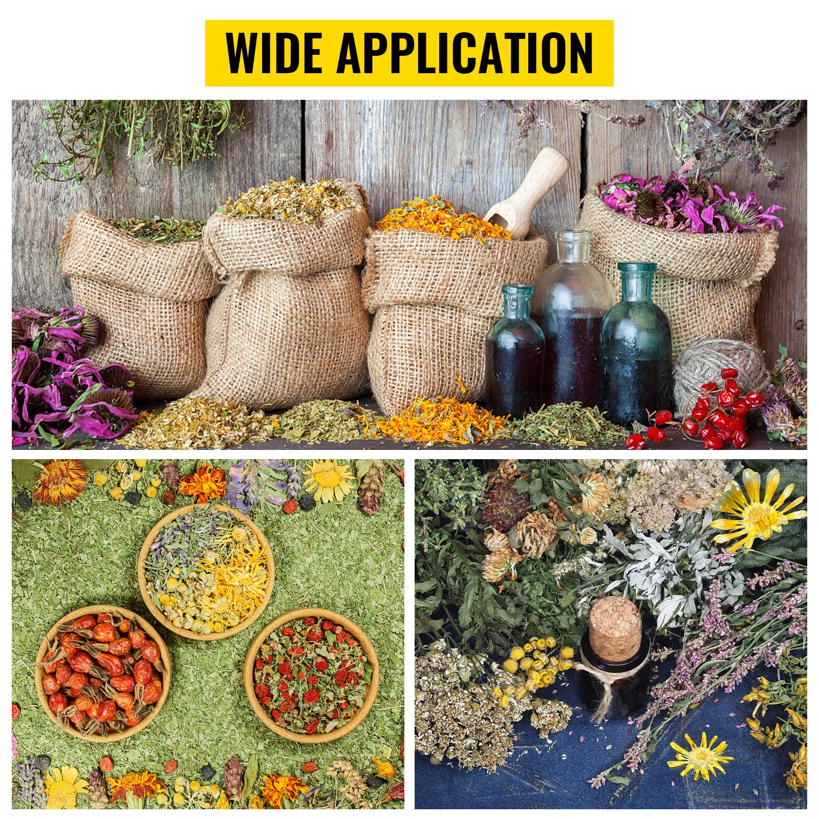 herbs and botanicals in burlap sacks and glass jars, showcasing wide applications of VEVOR dry trimmer kit.