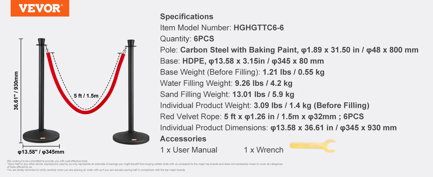 VEVOR stanchion posts with red velvet rope, including specs and accessories. model hghgttc6-6, qty 6pcs.