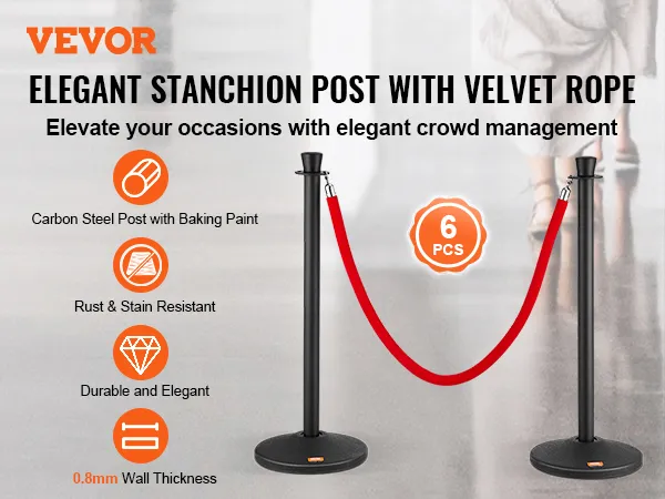 VEVOR stanchion posts with velvet rope, 6 pieces, carbon steel, rust-resistant, durable, 0.8mm wall.