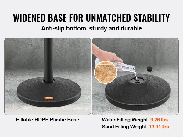 widened base for VEVOR stanchion posts with water and sand filling options for unmatched stability.