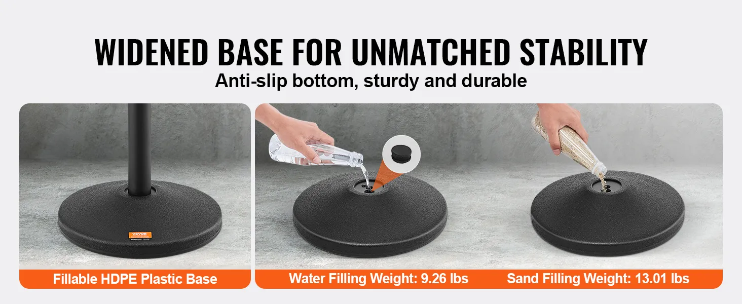 widened base for VEVOR stanchion posts with water and sand filling options for unmatched stability.