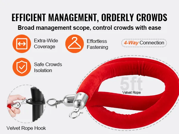 VEVOR stanchion posts with red velvet rope for efficient crowd management and 4-way connection.