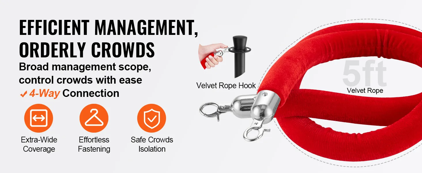 VEVOR stanchion posts with red velvet rope for efficient crowd management and 4-way connection.