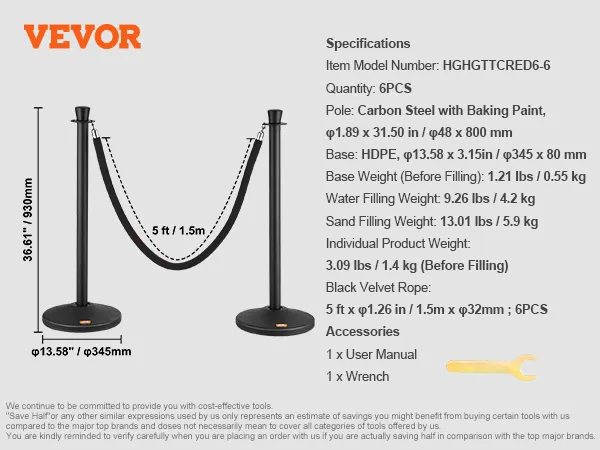 VEVOR crowd control stanchion, carbon steel poles with black velvet rope and weighted base set, 36.61".