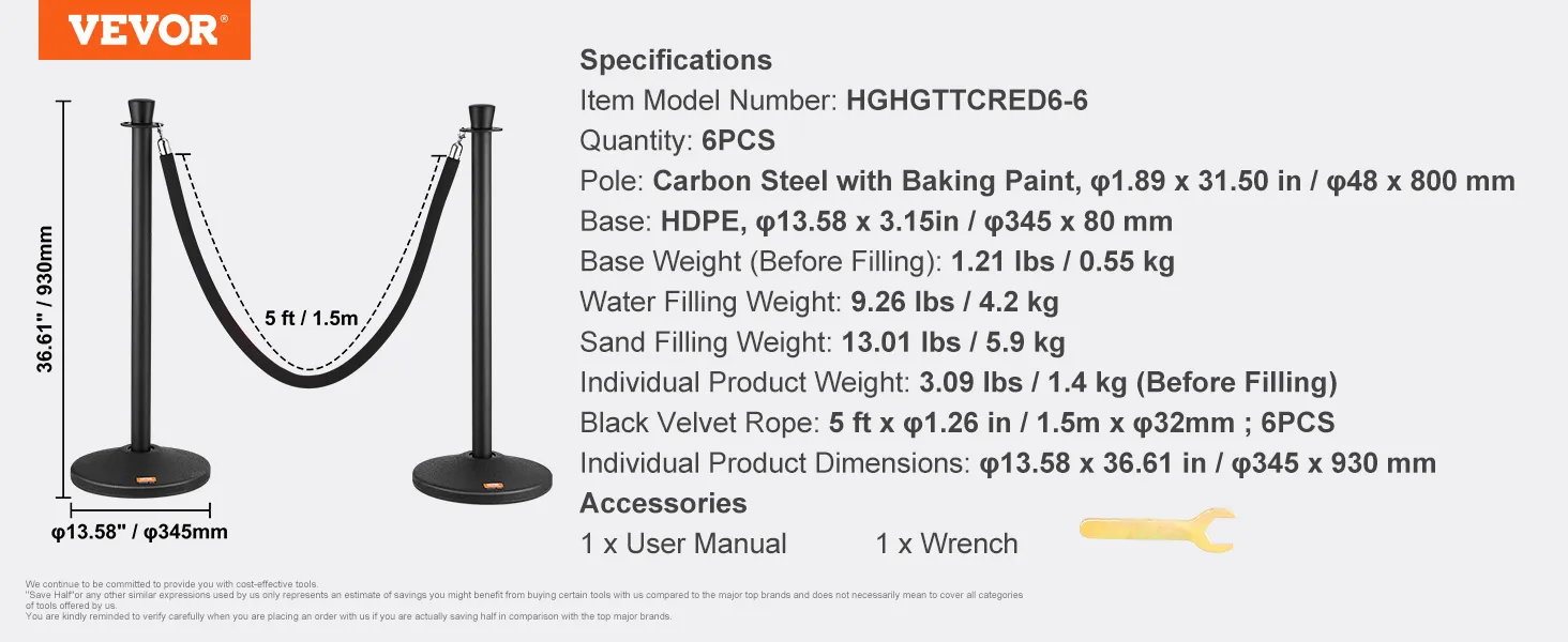 VEVOR crowd control stanchion, carbon steel poles with black velvet rope and weighted base set, 36.61".