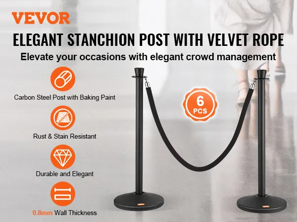VEVOR crowd control stanchion with velvet rope, carbon steel post, rust-resistant, 6 pcs set.