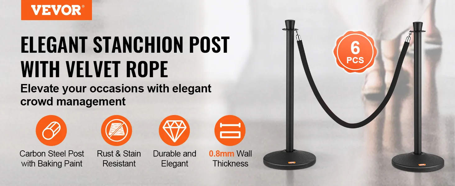VEVOR crowd control stanchion with velvet rope, carbon steel post, rust-resistant, 6 pcs set.