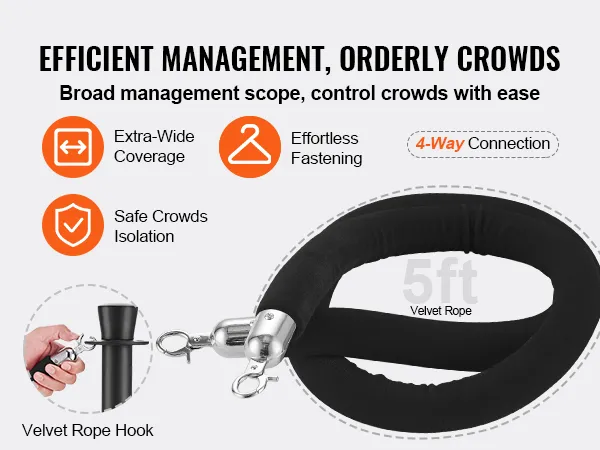 VEVOR crowd control stanchion with 5ft velvet rope, 4-way connection, ensuring efforless fastening.