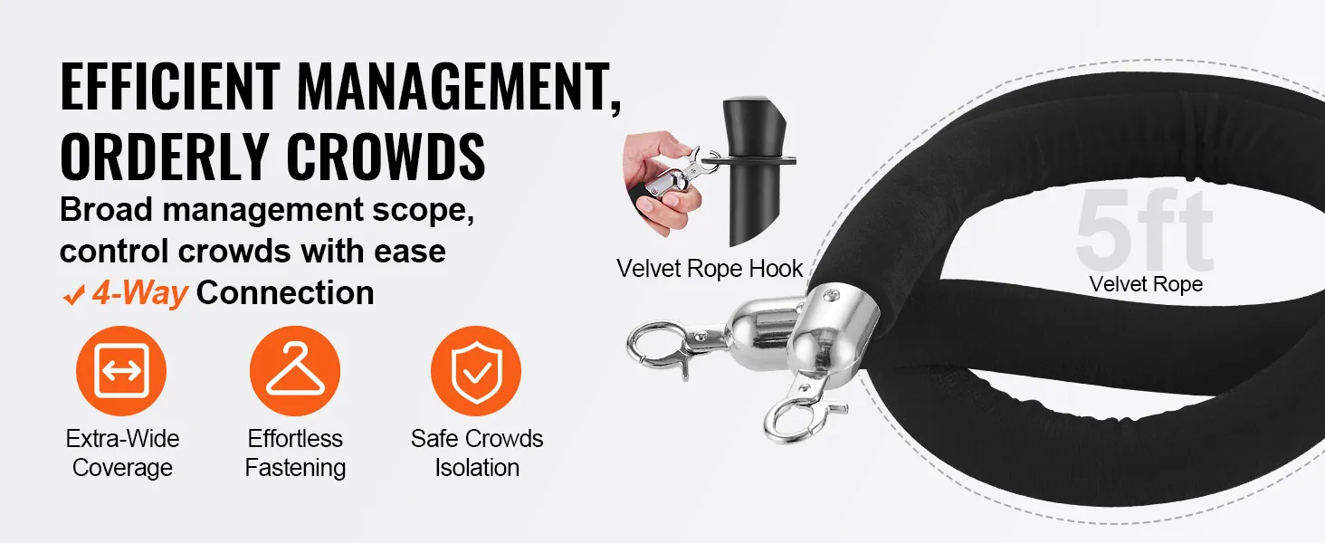 VEVOR crowd control stanchion with 5ft velvet rope, 4-way connection, ensuring efforless fastening.