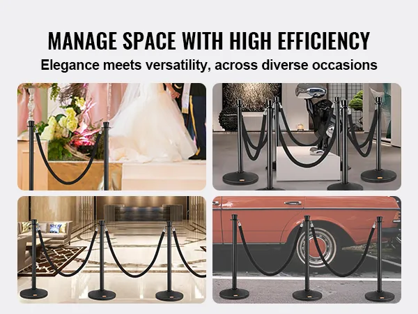 VEVOR crowd control stanchion shown managing space at a wedding, gallery, and hotel lobby with elegance.