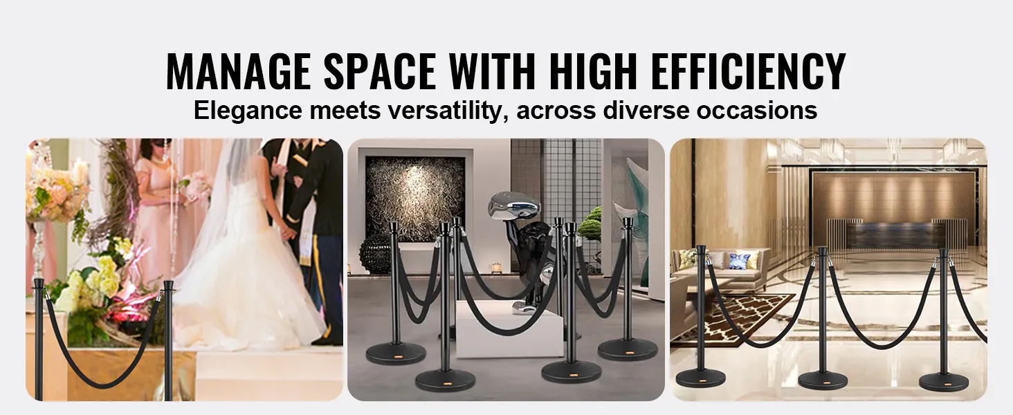 VEVOR crowd control stanchion shown managing space at a wedding, gallery, and hotel lobby with elegance.
