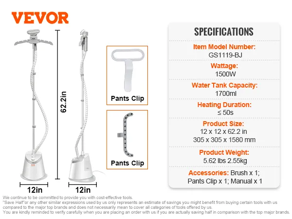 Especificaciones del vaporizador de pie VEVOR, modelo gs1119-bj, tanque de 1700 ml, 1500 w, tamaño 12 x 12 x 62,2 pulgadas, accesorios mostrados.
