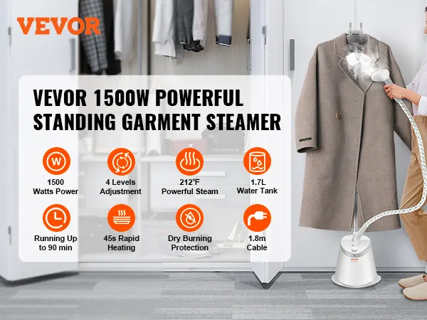 Plancha a vapor de pie VEVOR con 1500 vatios de potencia, depósito de agua de 1,7 l y ajuste de 4 niveles de planchado.