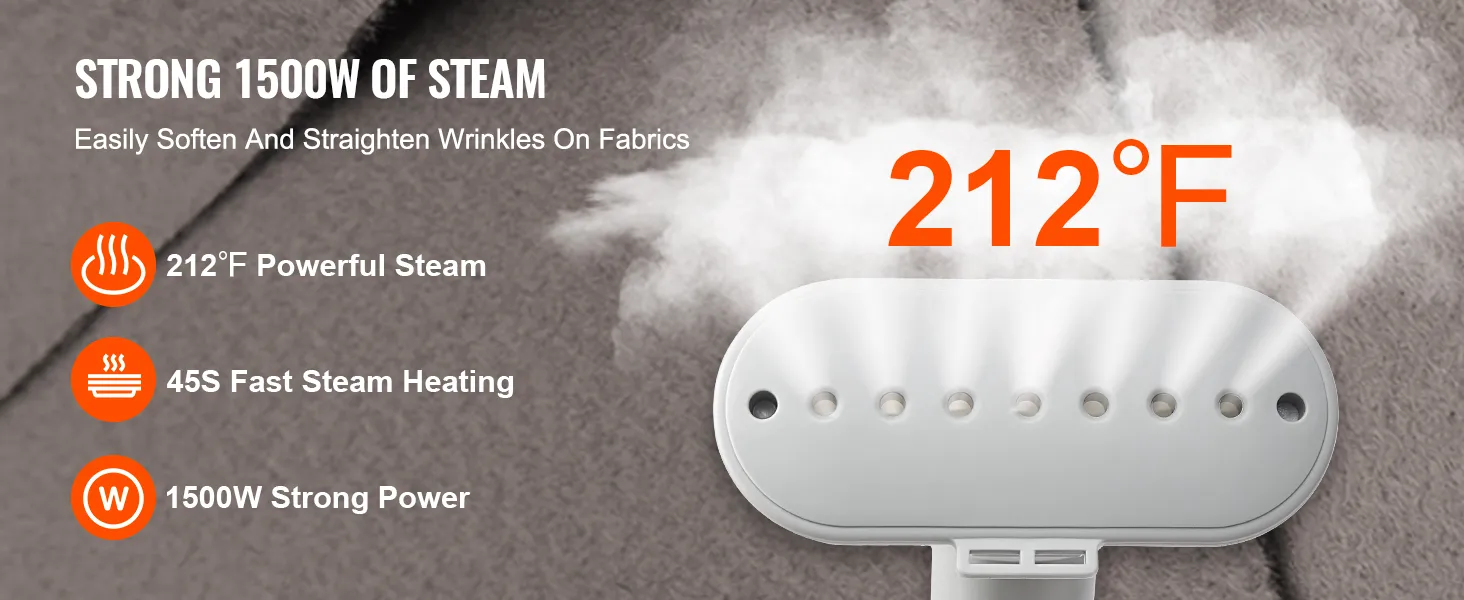 El vaporizador de pie VEVOR cuenta con una potencia de 1500 W, vapor de 212 °F y calentamiento rápido de 45 s para telas sin arrugas.
