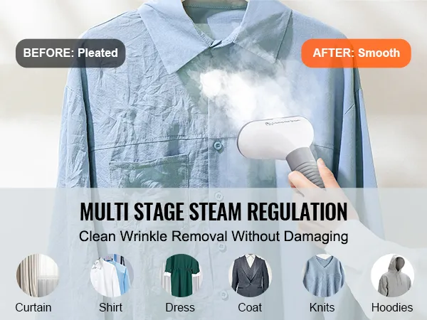 El vaporizador vertical multietapa VEVOR alisa las arrugas en camisas, cortinas, vestidos, abrigos, tejidos y sudaderas con capucha.