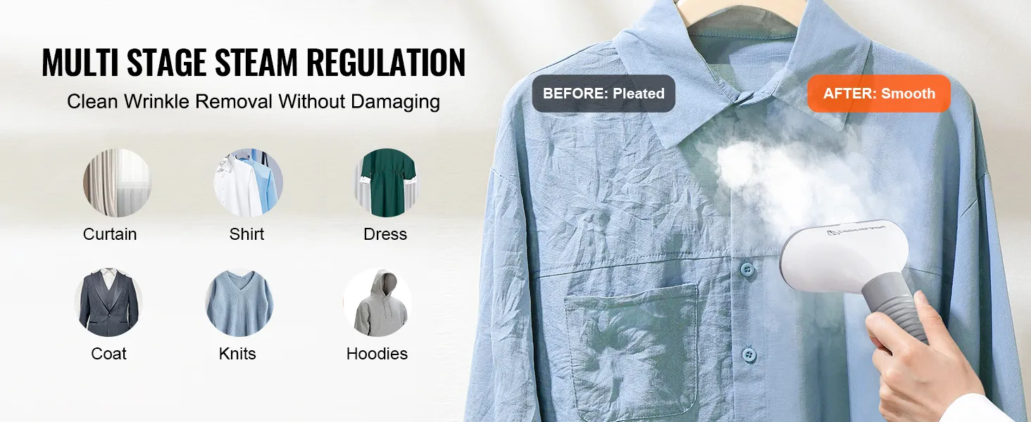 El vaporizador vertical multietapa VEVOR alisa las arrugas en camisas, cortinas, vestidos, abrigos, tejidos y sudaderas con capucha.