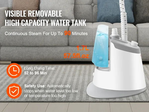 Tanque de agua de gran capacidad extraíble visible de 1,7 l para vaporizador de pie VEVOR, uso continuo de 52 a 96 minutos.