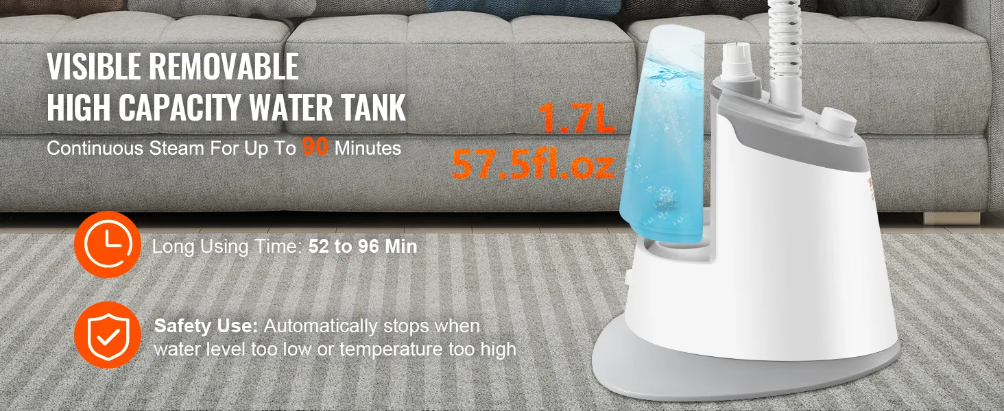 Tanque de agua de gran capacidad extraíble visible de 1,7 l para vaporizador de pie VEVOR, uso continuo de 52 a 96 minutos.