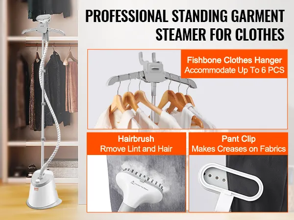 Vaporizador de pie VEVOR para ropa con percha en forma de espina de pescado, cepillo para el pelo y pinza para pantalones en un armario.