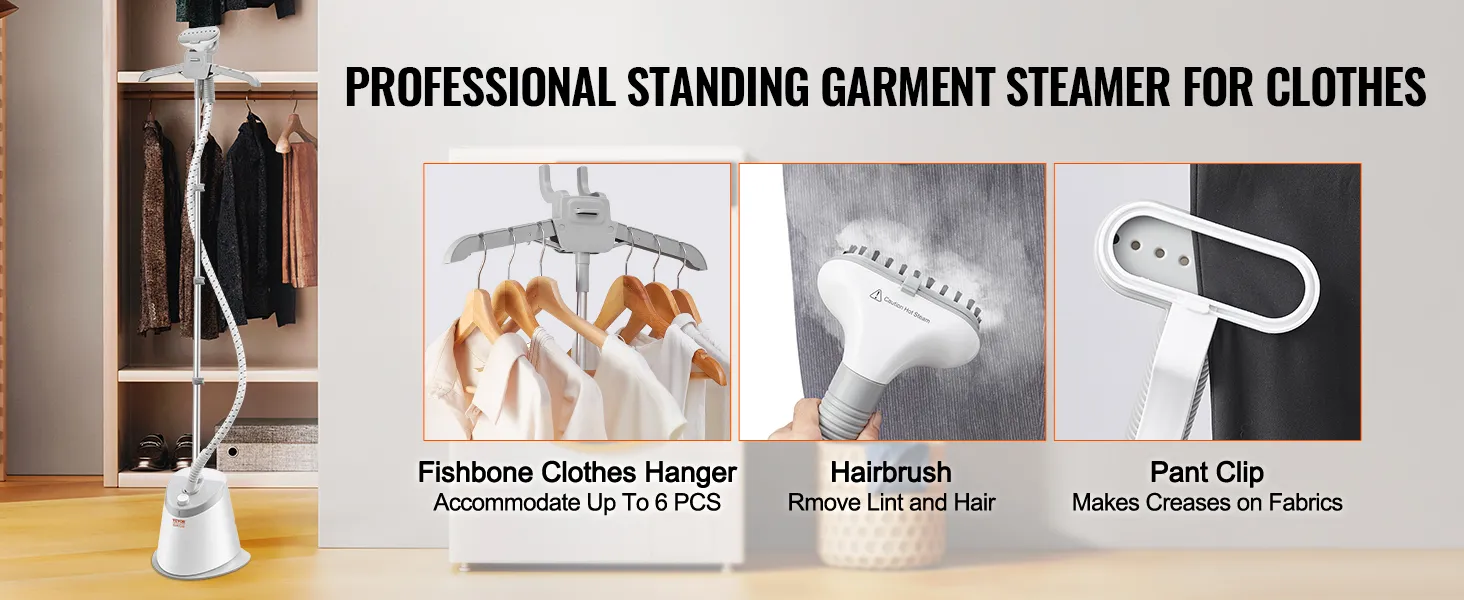 Vaporizador de pie VEVOR para ropa con percha en forma de espina de pescado, cepillo para el pelo y pinza para pantalones en un armario.