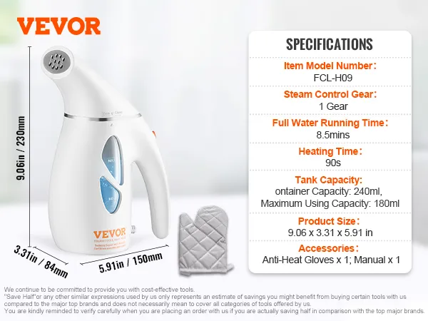 VEVOR handheld fabric steamer with 240ml tank, 90s heating time, anti-heat glove, and manual included.