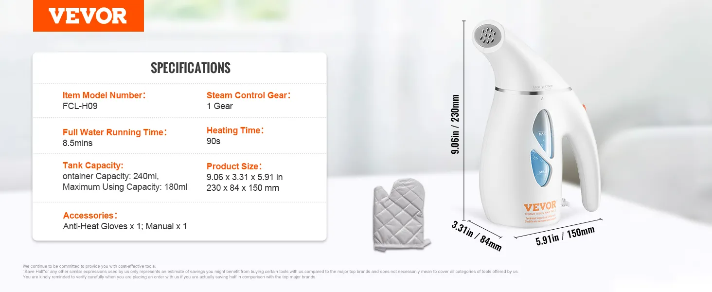 VEVOR handheld fabric steamer with 240ml tank, 90s heating time, anti-heat glove, and manual included.