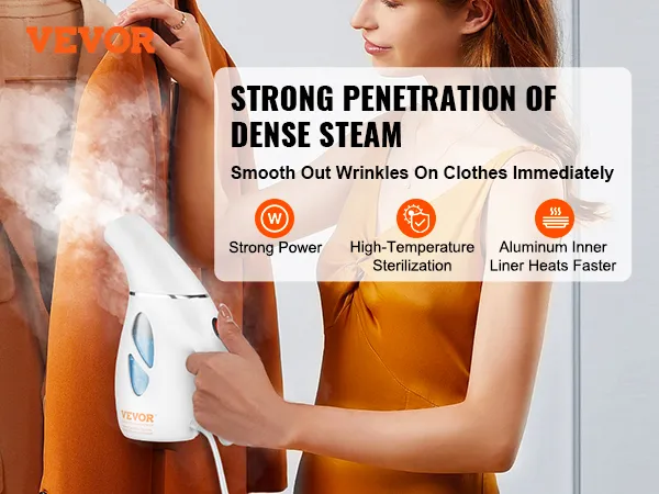 VEVOR handheld fabric steamer smoothing wrinkles on a coat with dense steam, strong power, and sterilization.