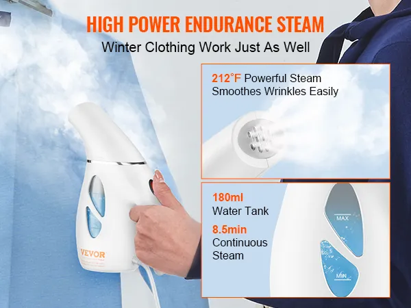 VEVOR handheld fabric steamer smoothing wrinkles on a blue shirt with high-power steam and 180ml water tank.