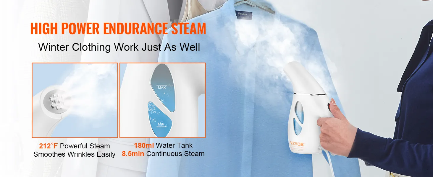VEVOR handheld fabric steamer smoothing wrinkles on a blue shirt with high-power steam and 180ml water tank.